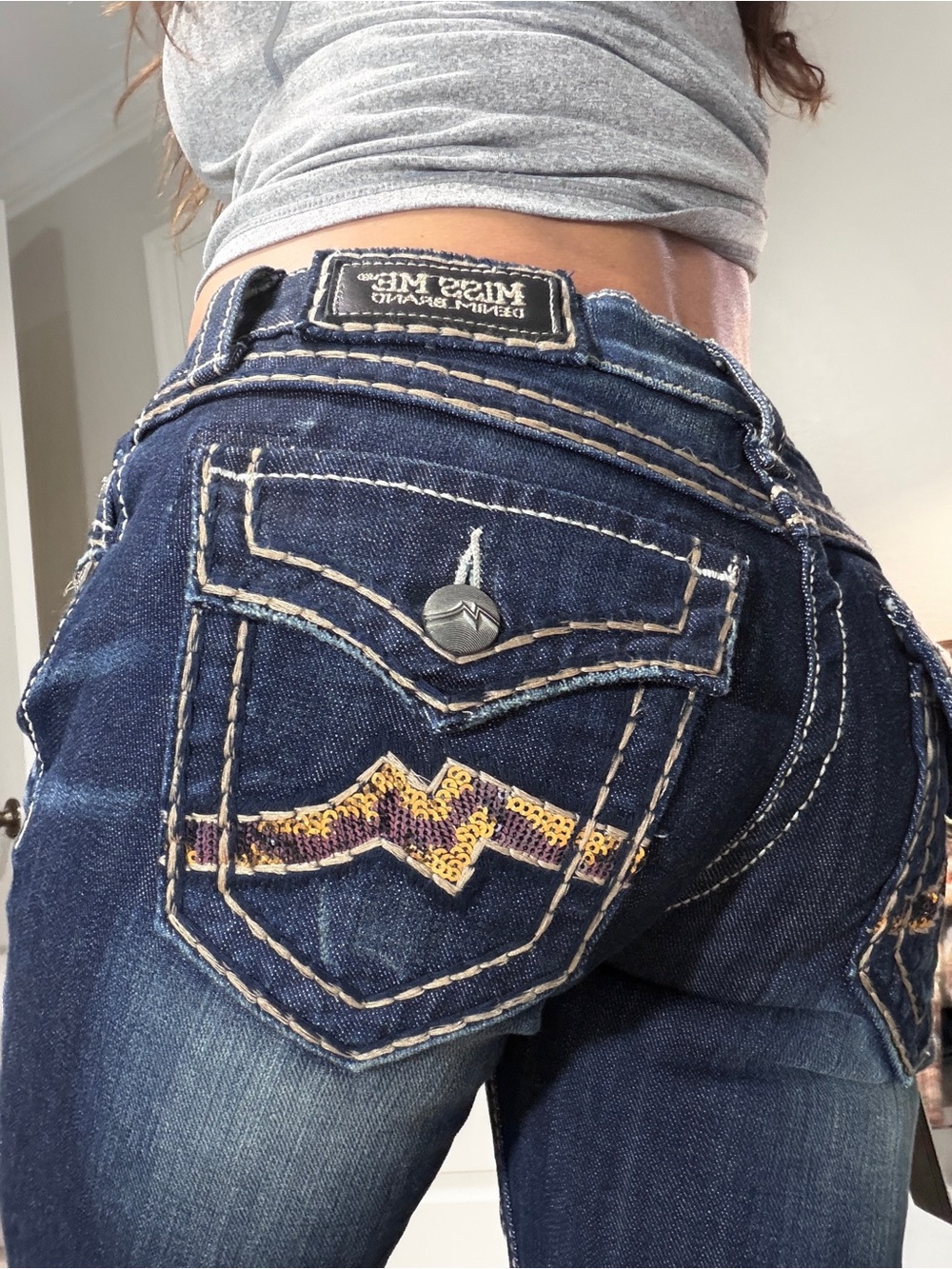 Miss Me Boot Jeans Size 26 Sequin Flap Pockets Low Rise Dark Blue Y2K Vtg NWT
